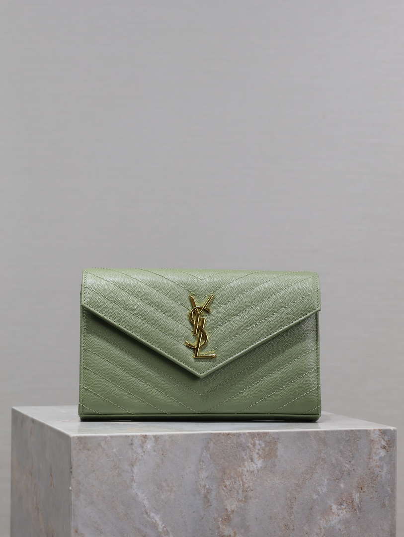 YSL 377828 Classic Cassandre chain wallet in grain de Poudre leather Green