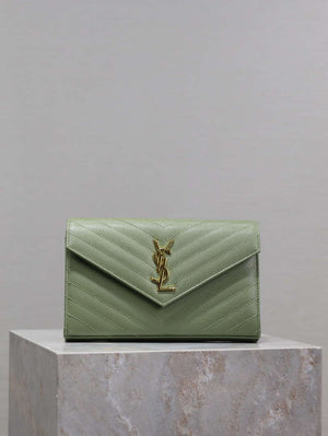YSL 377828 Classic Cassandre chain wallet in grain de Poudre leather Green - Default Title - View 1