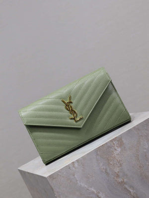 YSL 377828 Classic Cassandre chain wallet in grain de Poudre leather Green - Default Title - View 2