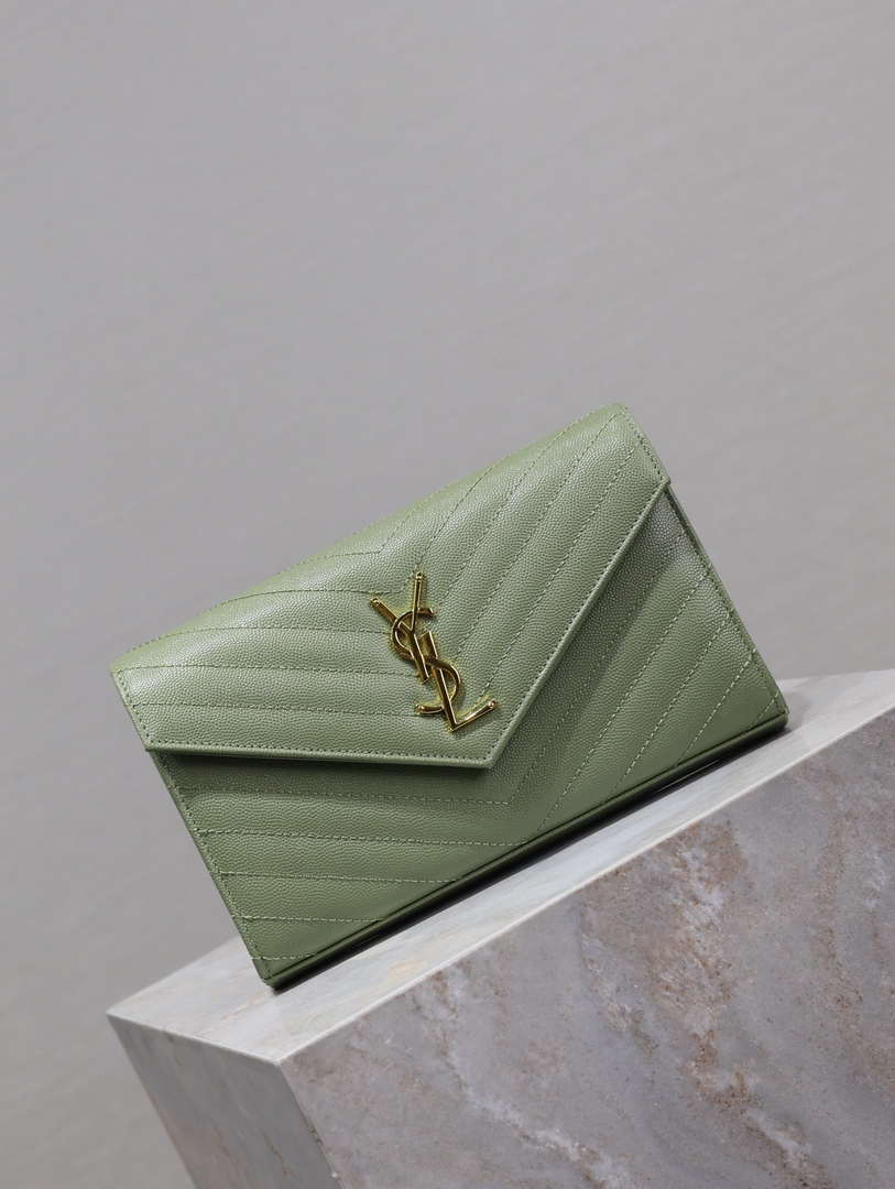 YSL 377828 Classic Cassandre chain wallet in grain de Poudre leather Green