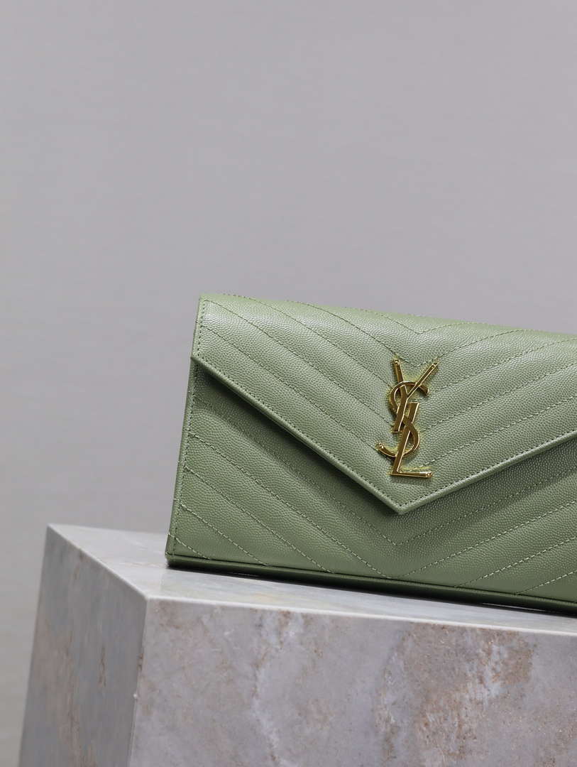 YSL 377828 Classic Cassandre chain wallet in grain de Poudre leather Green