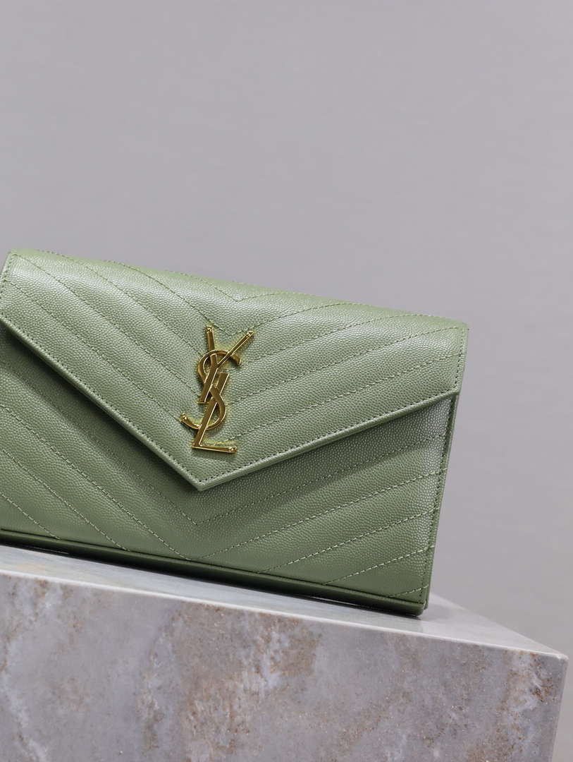 YSL 377828 Classic Cassandre chain wallet in grain de Poudre leather Green