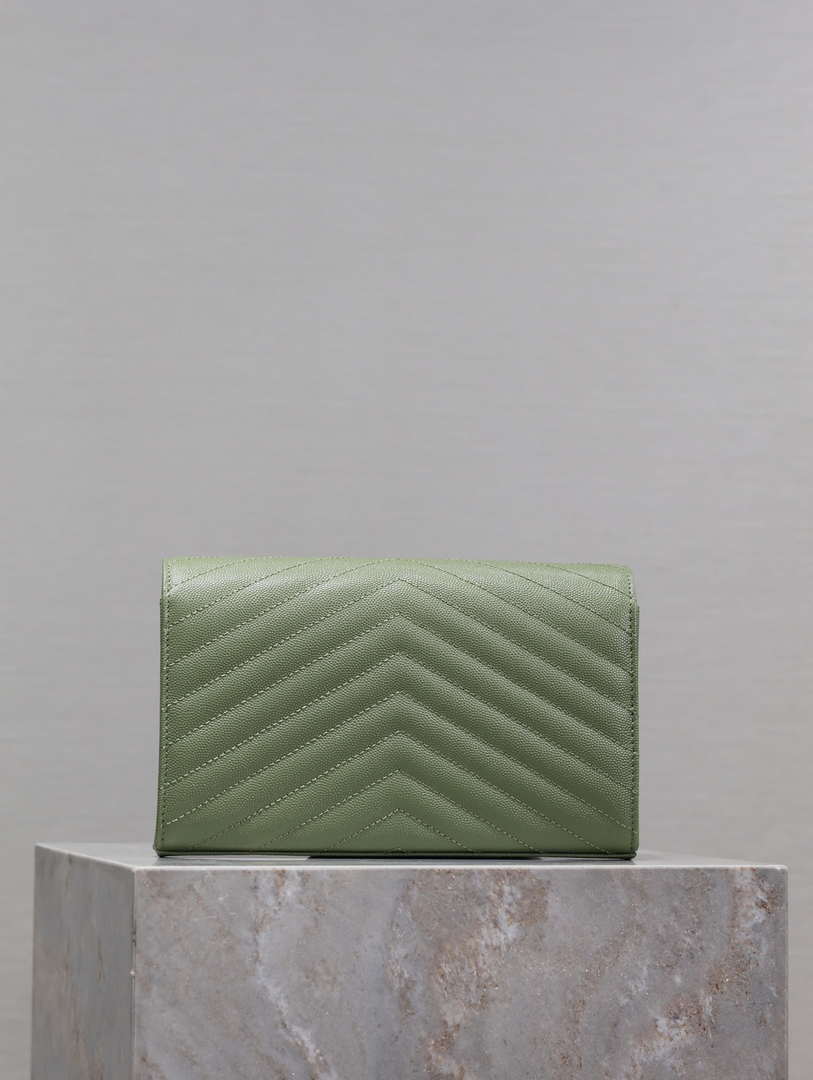 YSL 377828 Classic Cassandre chain wallet in grain de Poudre leather Green