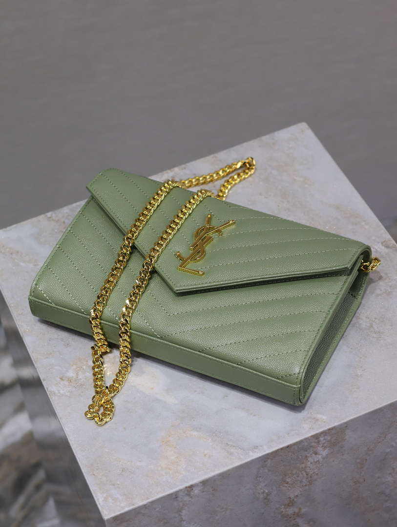 YSL 377828 Classic Cassandre chain wallet in grain de Poudre leather Green