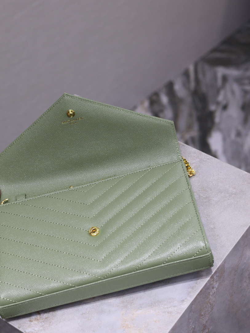 YSL 377828 Classic Cassandre chain wallet in grain de Poudre leather Green