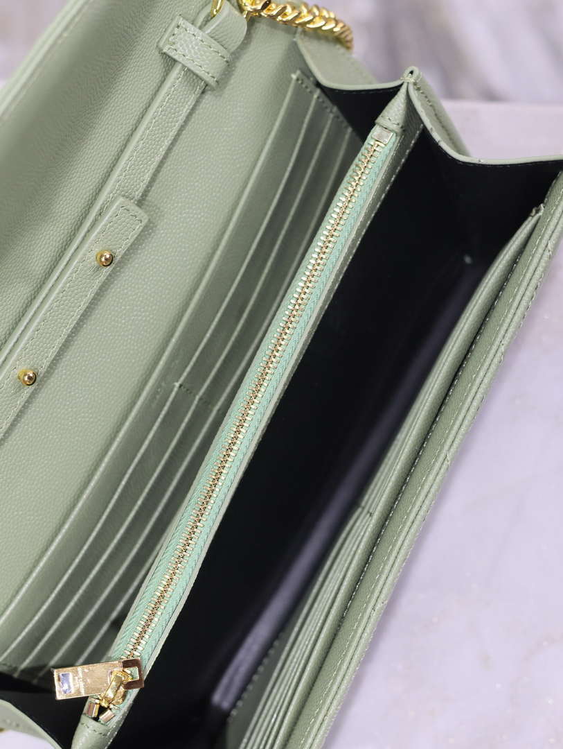 YSL 377828 Classic Cassandre chain wallet in grain de Poudre leather Green