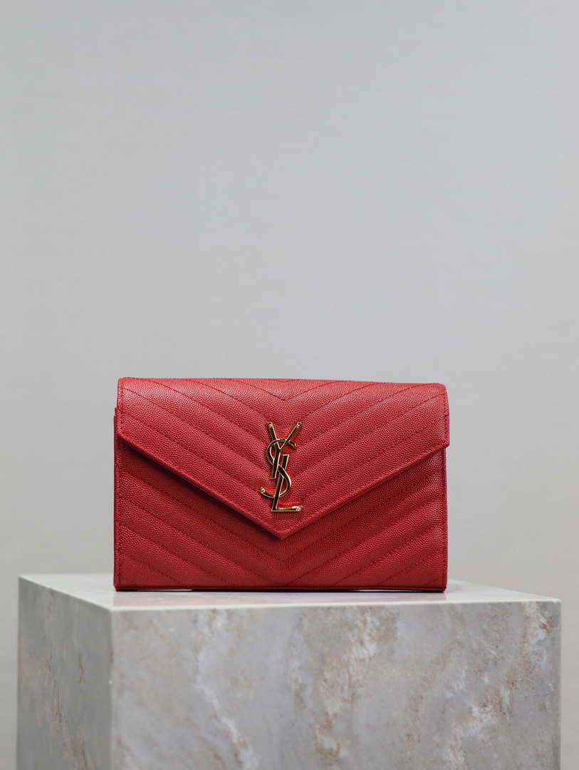 YSL 377828 Classic Cassandre chain wallet in grain de Poudre leather Red - Default Title - View 1