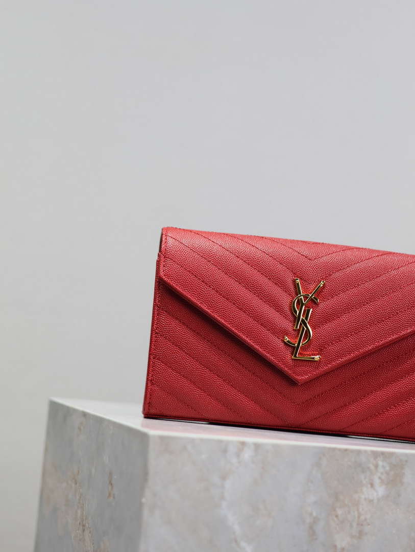 YSL 377828 Classic Cassandre chain wallet in grain de Poudre leather Red