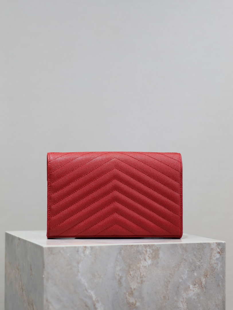 YSL 377828 Classic Cassandre chain wallet in grain de Poudre leather Red