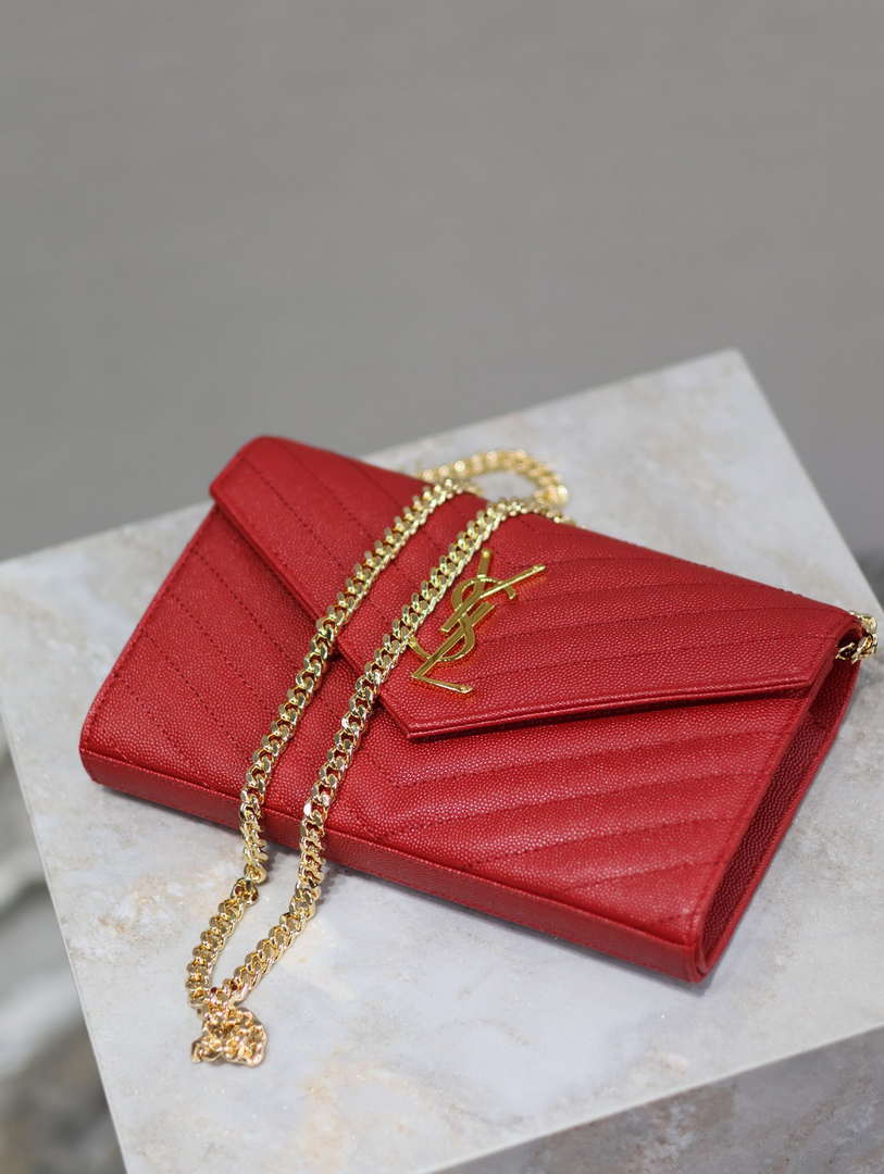 YSL 377828 Classic Cassandre chain wallet in grain de Poudre leather Red