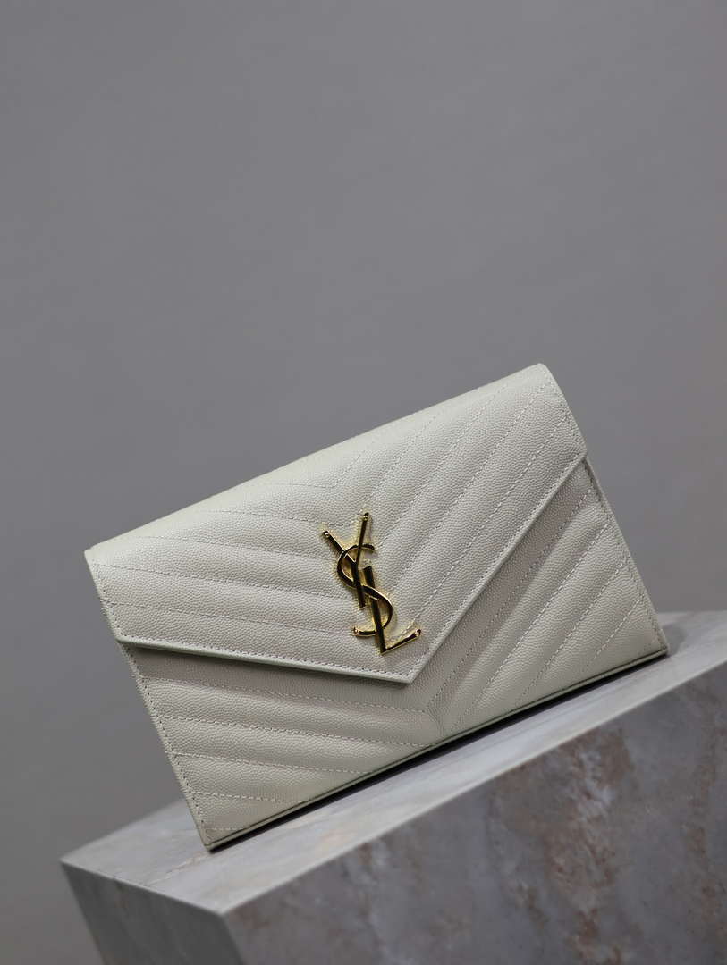YSL 377828 Classic Cassandre chain wallet in grain de Poudre leather White Gold