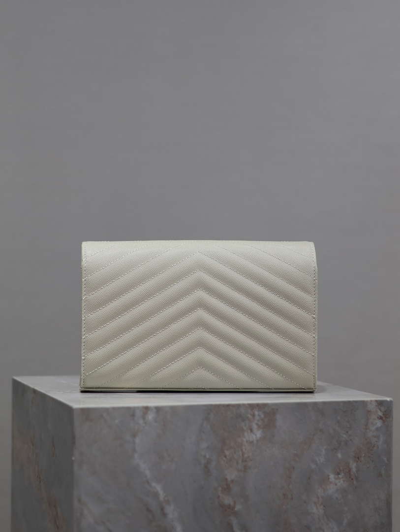 YSL 377828 Classic Cassandre chain wallet in grain de Poudre leather White Gold