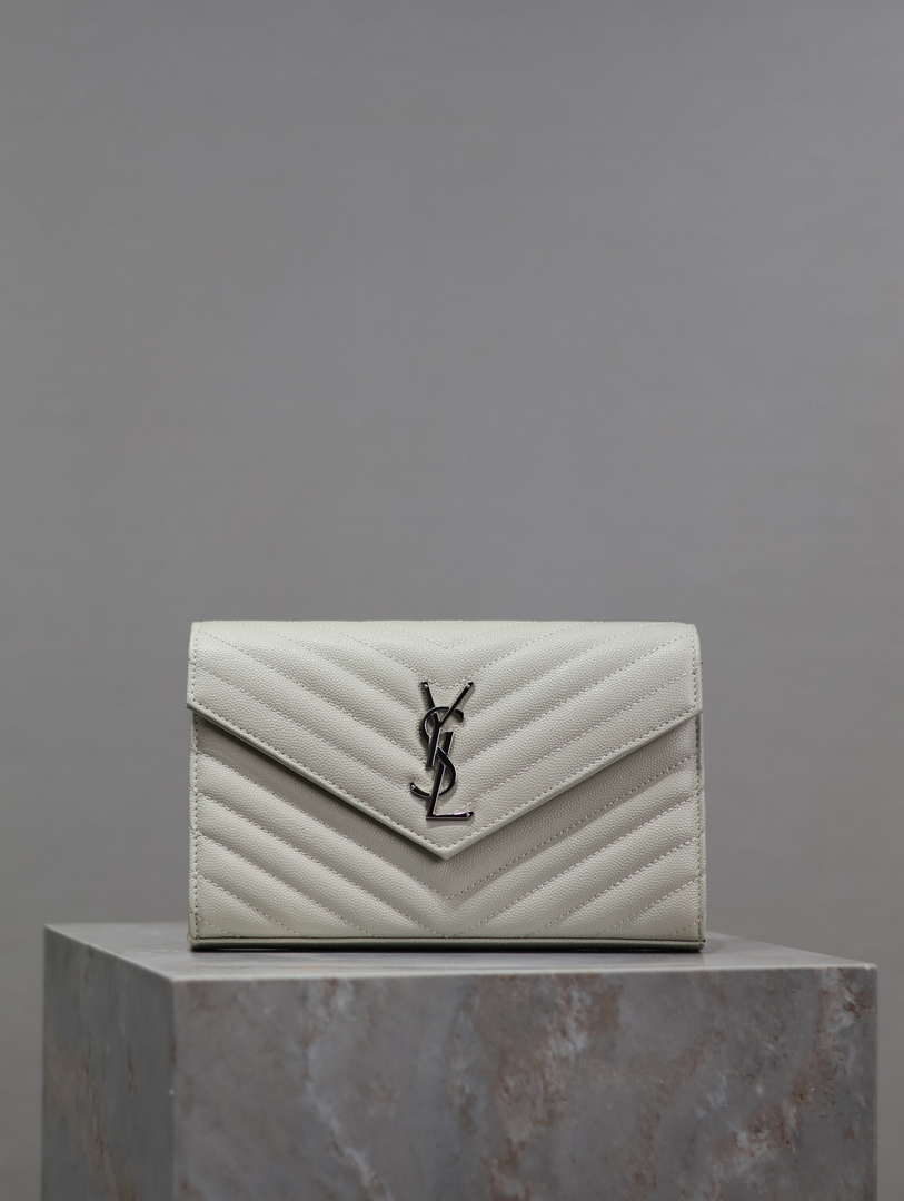 YSL 377828 Classic Cassandre chain wallet in grain de Poudre leather White Silver