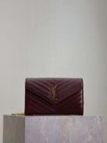 YSL 377828 Classic Cassandre chain wallet in grain de Poudre leather Wine Red