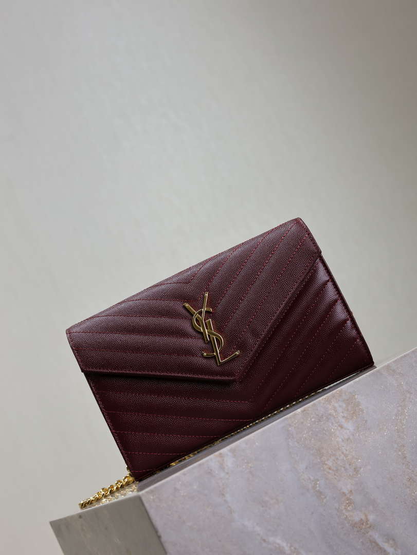 YSL 377828 Classic Cassandre chain wallet in grain de Poudre leather Wine Red