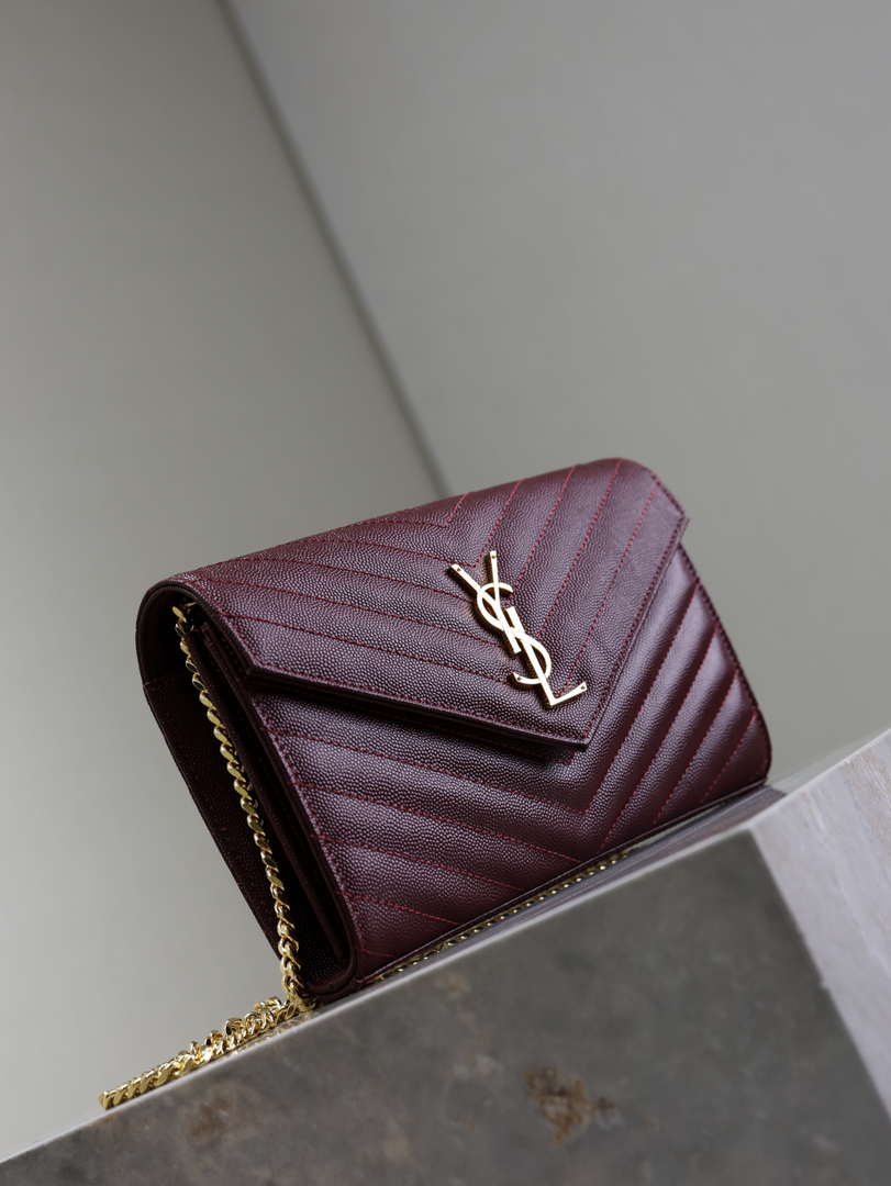 YSL 377828 Classic Cassandre chain wallet in grain de Poudre leather Wine Red