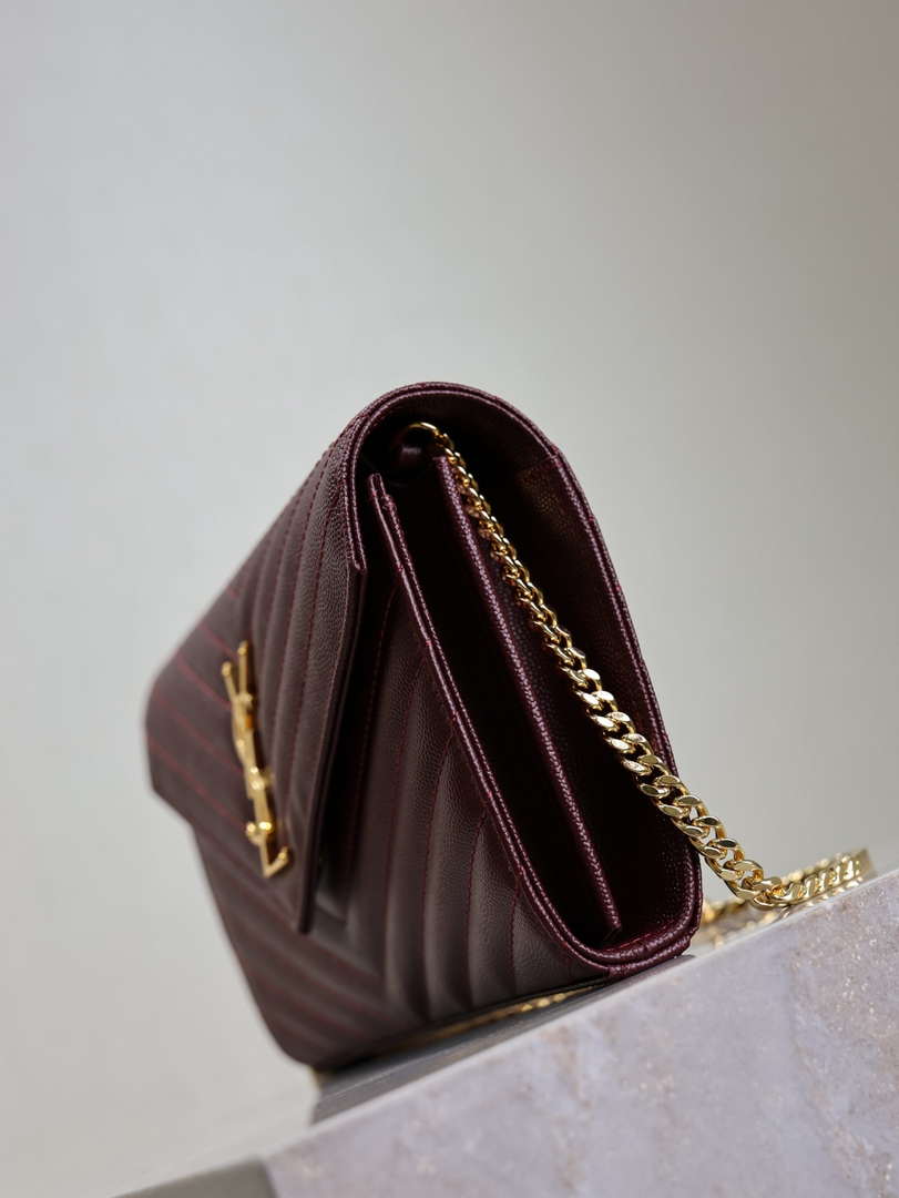 YSL 377828 Classic Cassandre chain wallet in grain de Poudre leather Wine Red