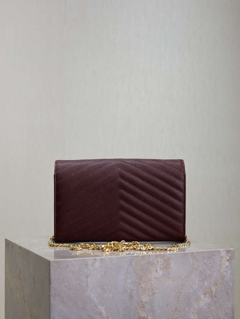 YSL 377828 Classic Cassandre chain wallet in grain de Poudre leather Wine Red