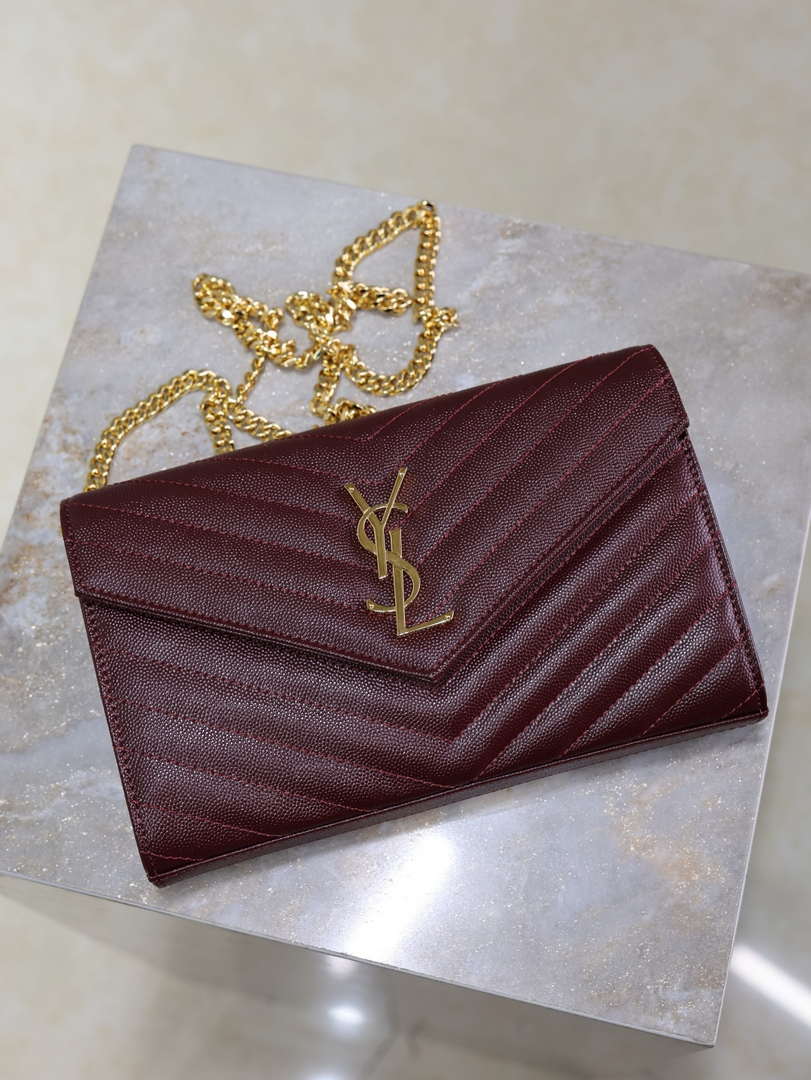 YSL 377828 Classic Cassandre chain wallet in grain de Poudre leather Wine Red