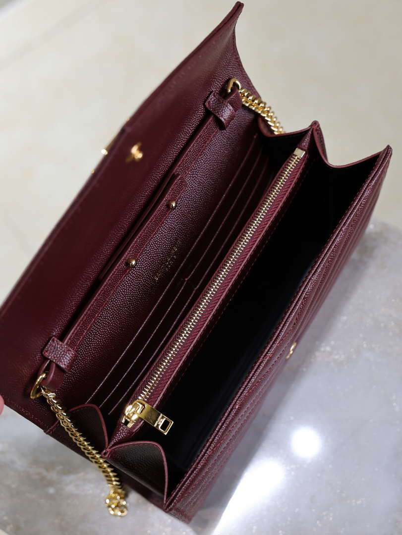 YSL 377828 Classic Cassandre chain wallet in grain de Poudre leather Wine Red