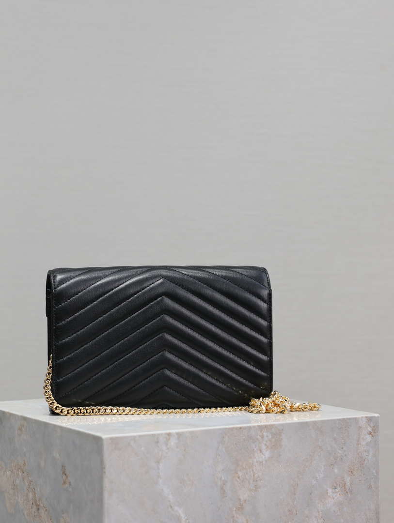 YSL 377828 Classic Cassandre chain wallet in Lambskin Black