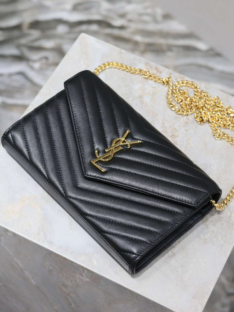 YSL 377828 Classic Cassandre chain wallet in Lambskin Black