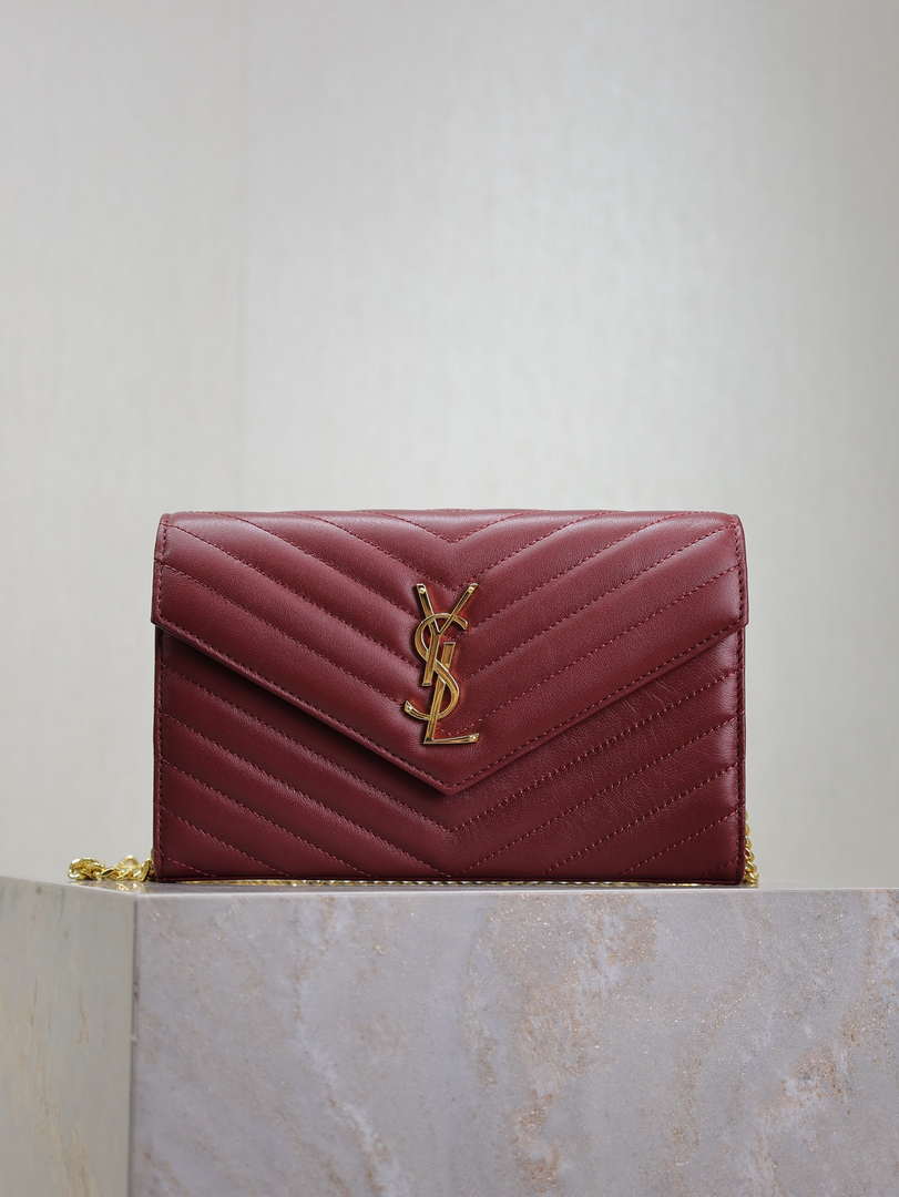 YSL 377828 Classic Cassandre chain wallet in Lambskin Wine Red