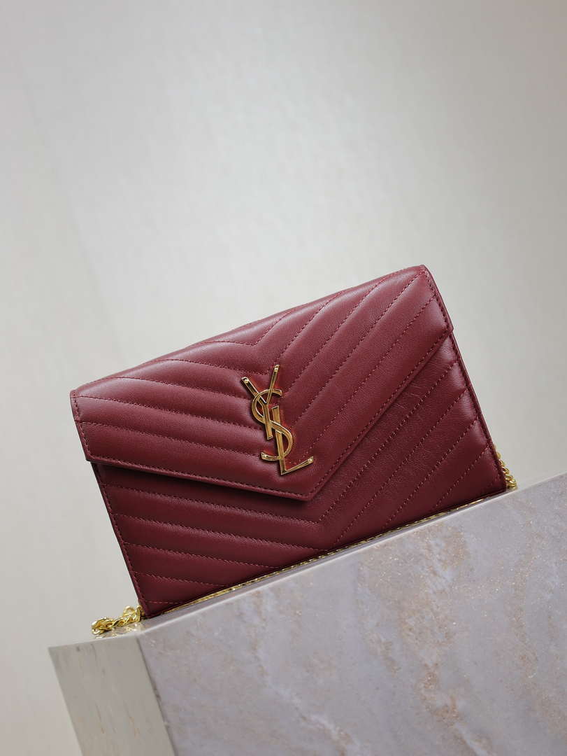 YSL 377828 Classic Cassandre chain wallet in Lambskin Wine Red