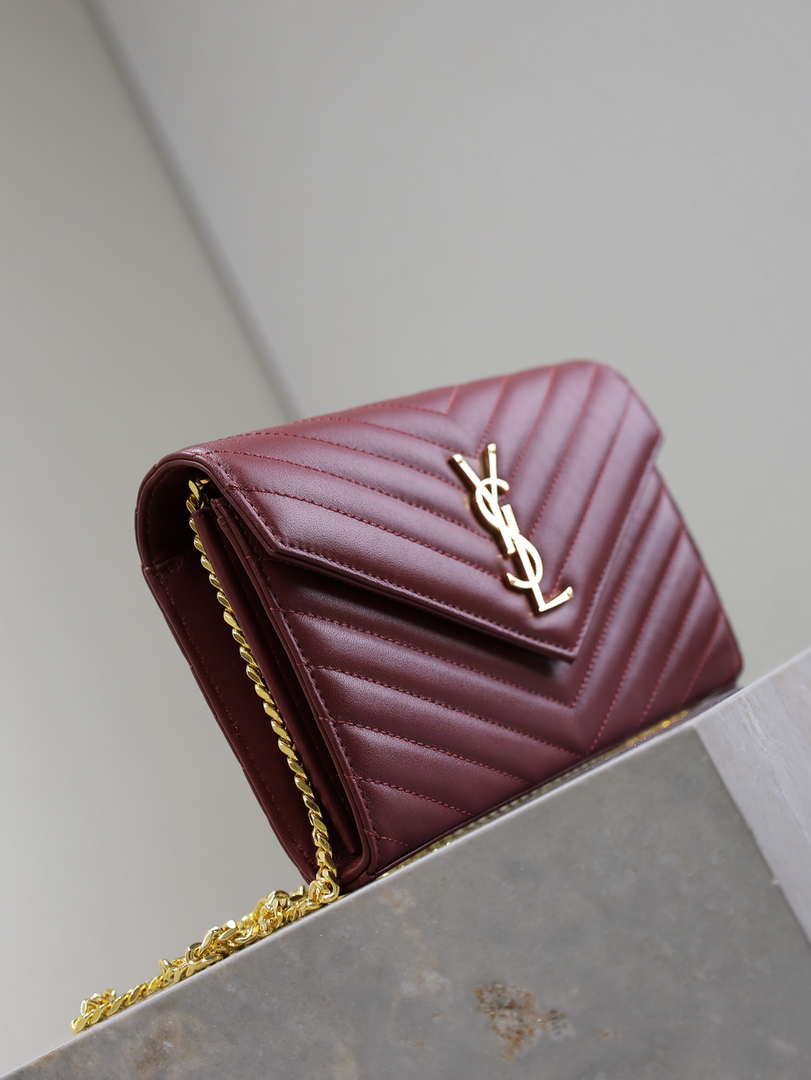 YSL 377828 Classic Cassandre chain wallet in Lambskin Wine Red