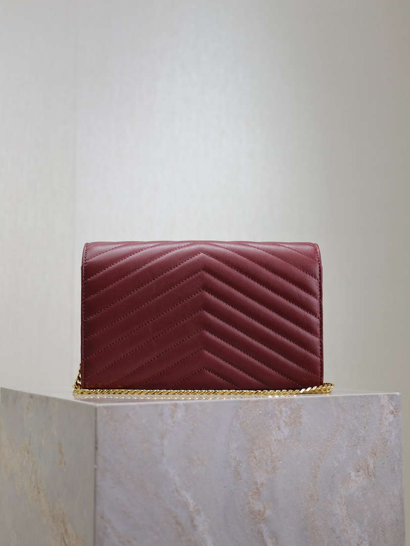 YSL 377828 Classic Cassandre chain wallet in Lambskin Wine Red
