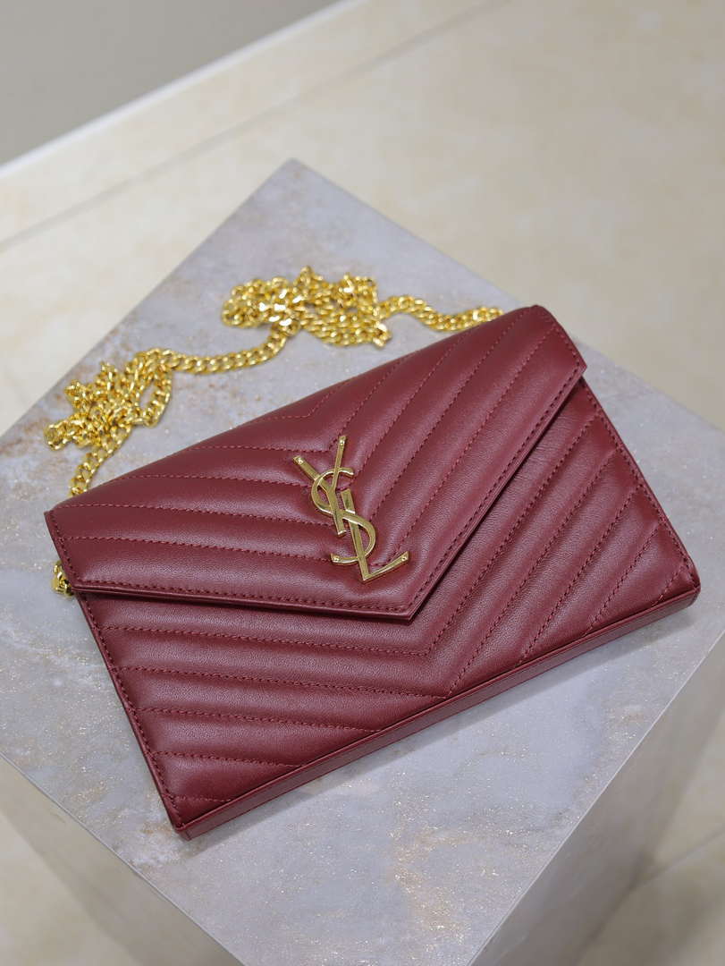 YSL 377828 Classic Cassandre chain wallet in Lambskin Wine Red