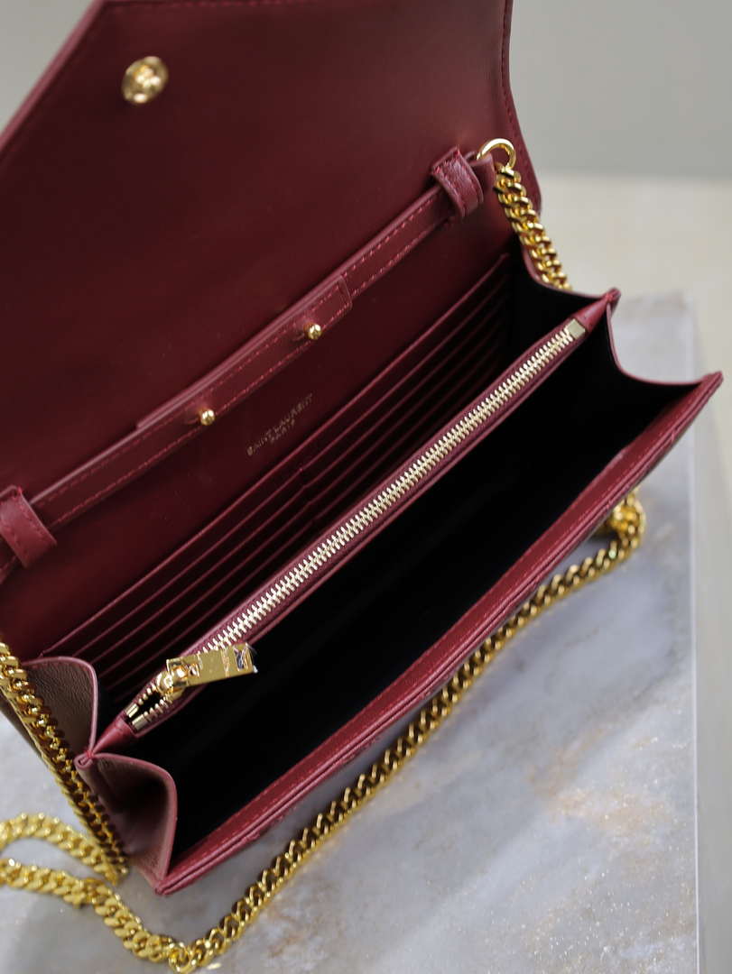 YSL 377828 Classic Cassandre chain wallet in Lambskin Wine Red