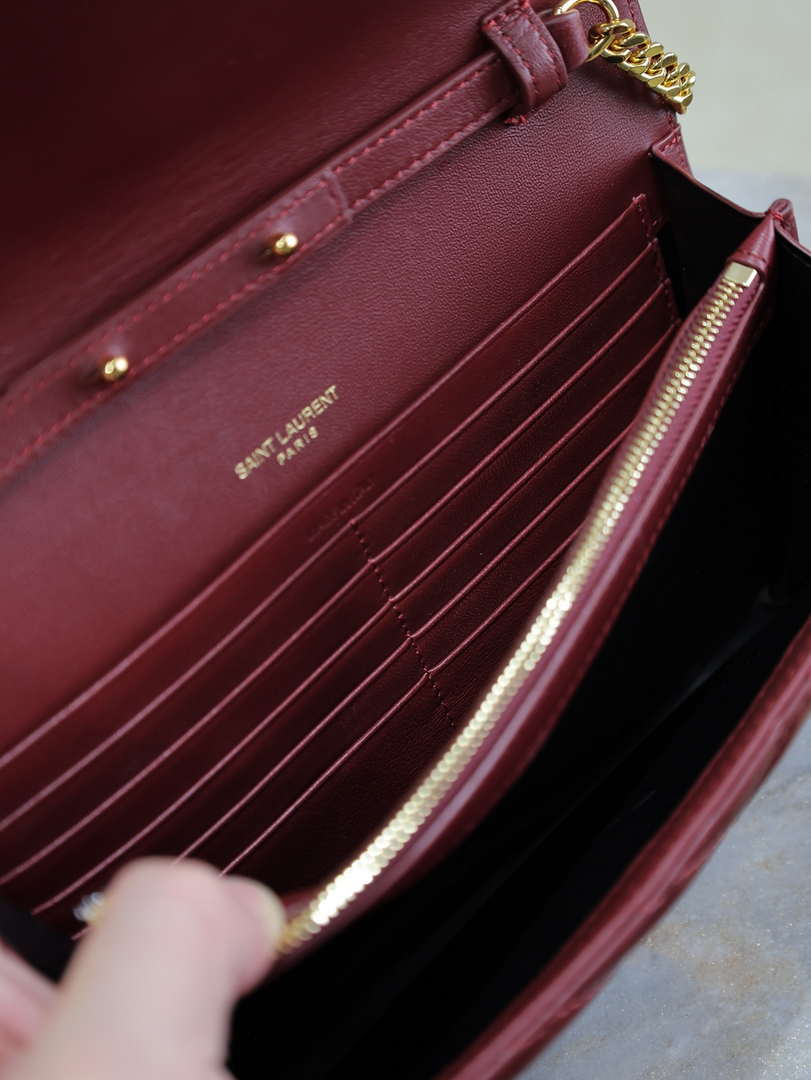 YSL 377828 Classic Cassandre chain wallet in Lambskin Wine Red