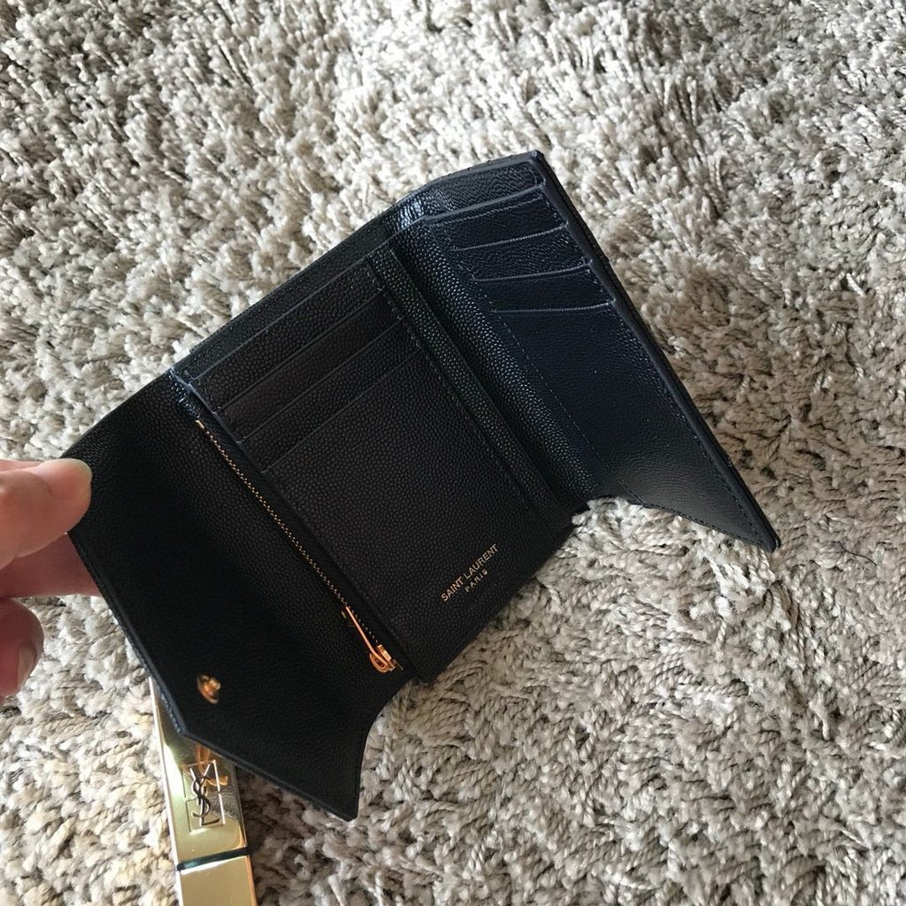 YSL 403943 Yves Saint Laurent Compact Tri-Fold Wallet Black Gold - luxibagsmall