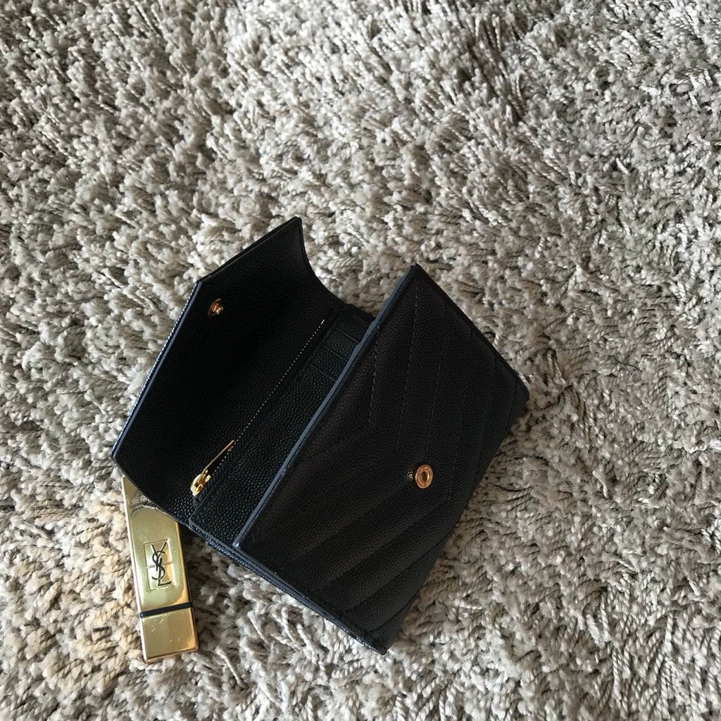 YSL 403943 Yves Saint Laurent Compact Tri-Fold Wallet Black Gold - luxibagsmall