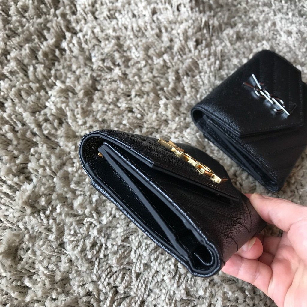 YSL 403943 Yves Saint Laurent Compact Tri-Fold Wallet Black Gold - luxibagsmall