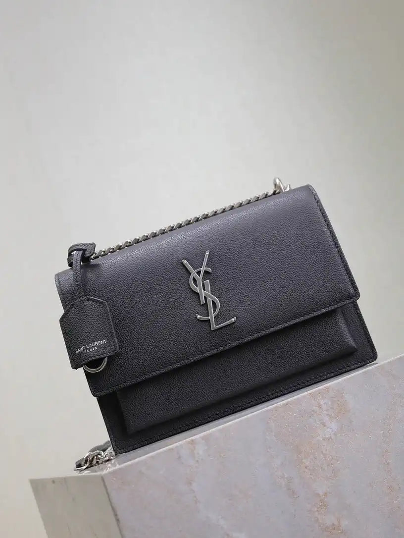 YSL 442906 SUNSET MEDIUM IN Black grained cowhide leather Silver