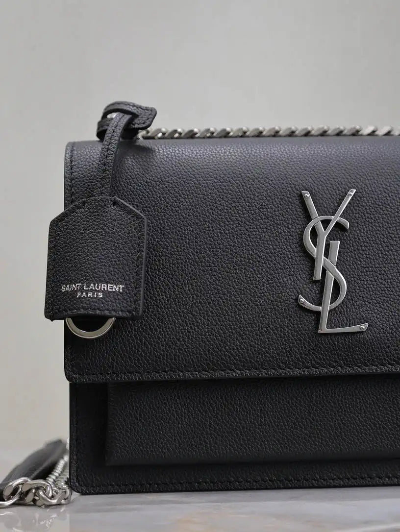 YSL 442906 SUNSET MEDIUM IN Black grained cowhide leather Silver