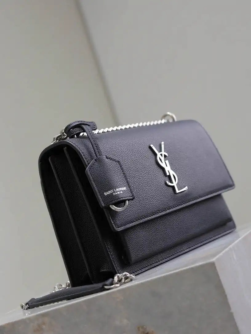 YSL 442906 SUNSET MEDIUM IN Black grained cowhide leather Silver