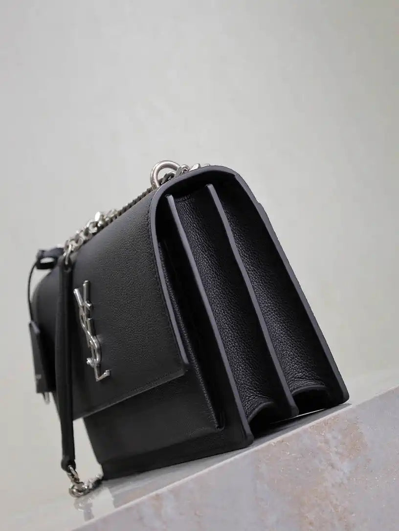 YSL 442906 SUNSET MEDIUM IN Black grained cowhide leather Silver