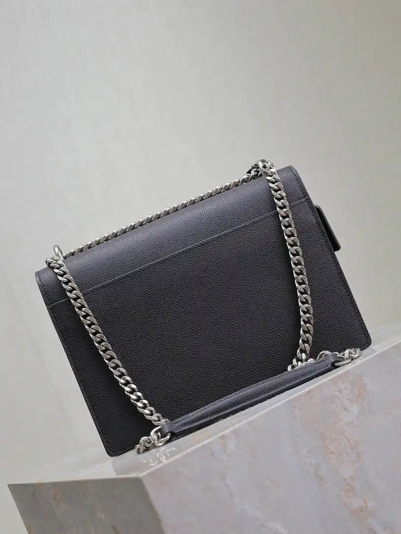 YSL 442906 SUNSET MEDIUM IN Black grained cowhide leather Silver