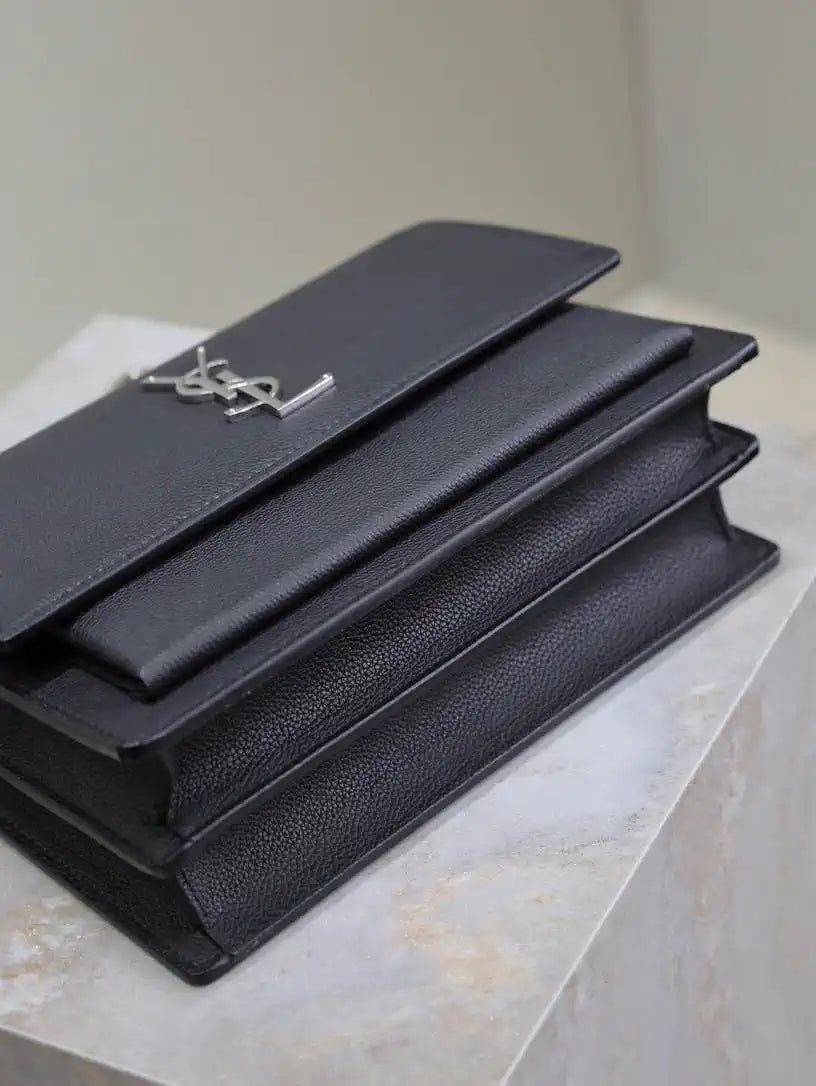 YSL 442906 SUNSET MEDIUM IN Black grained cowhide leather Silver