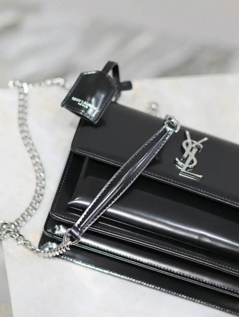 YSL 442906 SUNSET MEDIUM IN Black pearl leather Silver