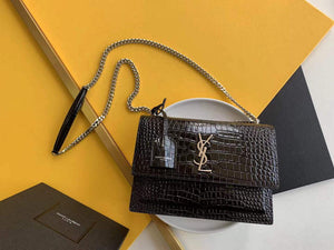 YSL 442906 Sunset Medium In Crocodile Embossed Shiny Leather Black - Default Title - View 1