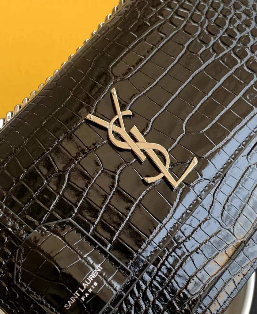 YSL 442906 Sunset Medium In Crocodile Embossed Shiny Leather Black