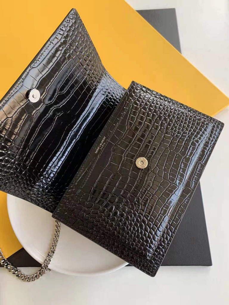 YSL 442906 Sunset Medium In Crocodile Embossed Shiny Leather Black - Default Title - View 4