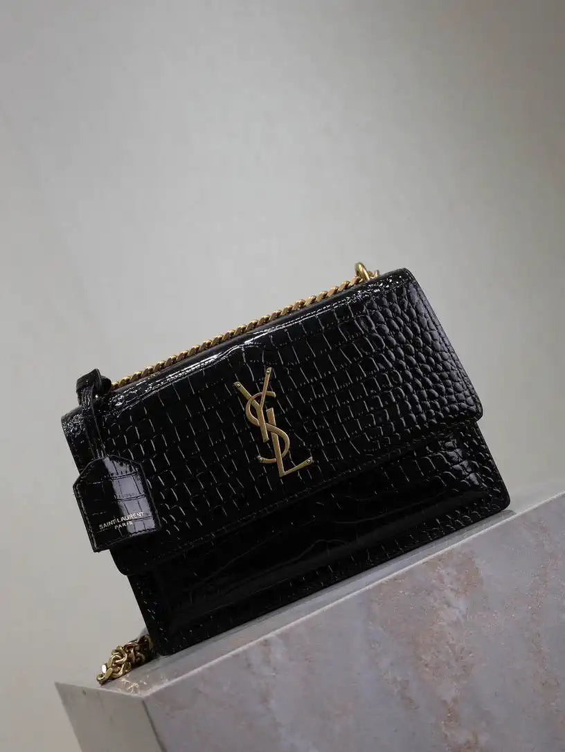 YSL 442906 SUNSET MEDIUM IN Black crocodile leather