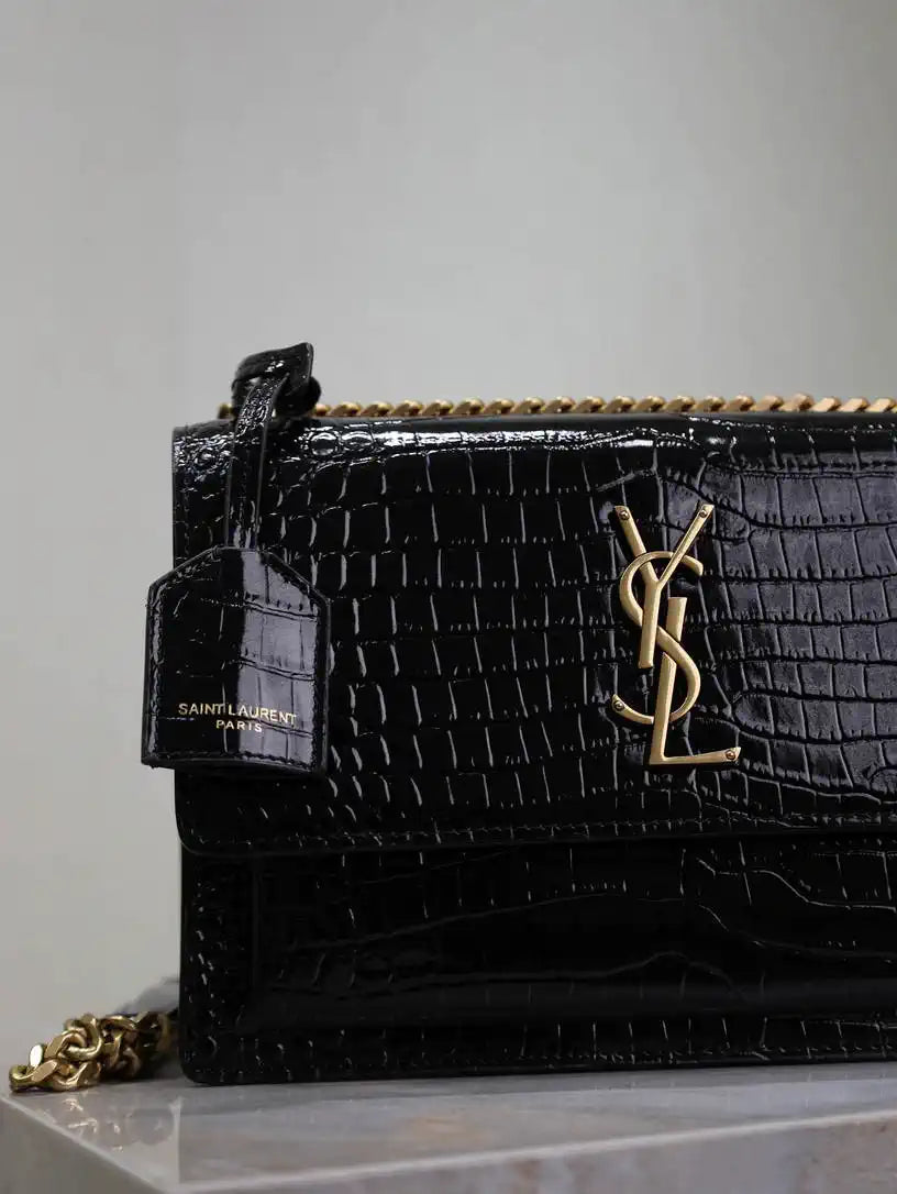 YSL 442906 SUNSET MEDIUM IN Black crocodile leather
