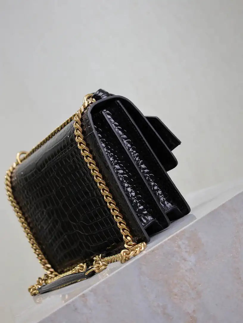 YSL 442906 SUNSET MEDIUM IN Black crocodile leather