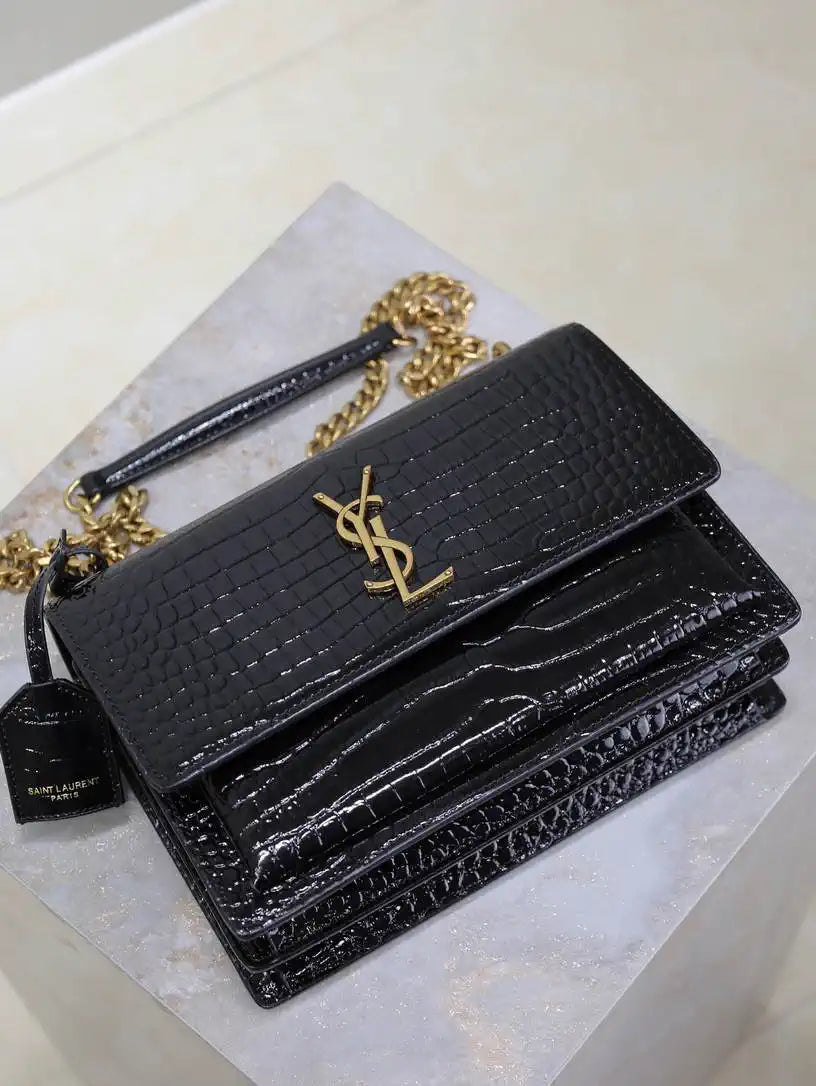YSL 442906 SUNSET MEDIUM IN Black crocodile leather